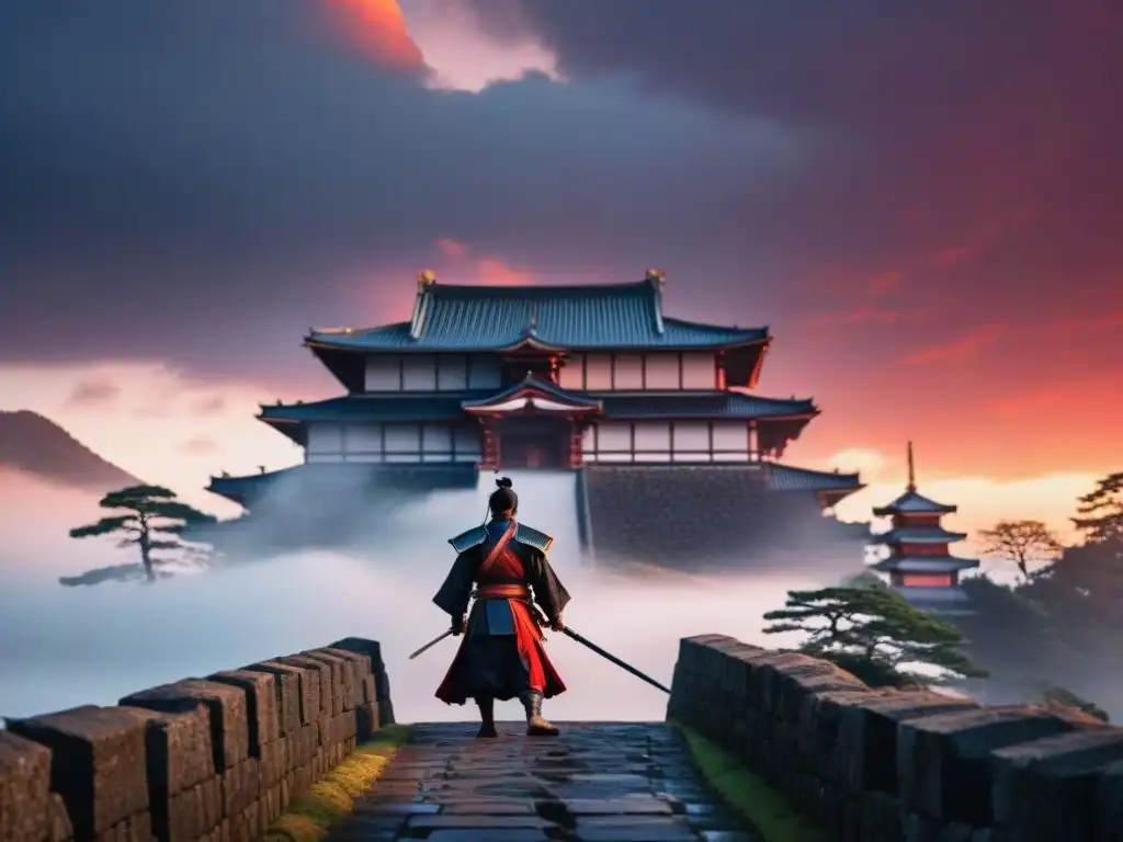 Castillo japonés en la niebla al atardecer: samurái en guardia Un samurái enfrenta espíritus vengativos en un castillo japonés al atardecer