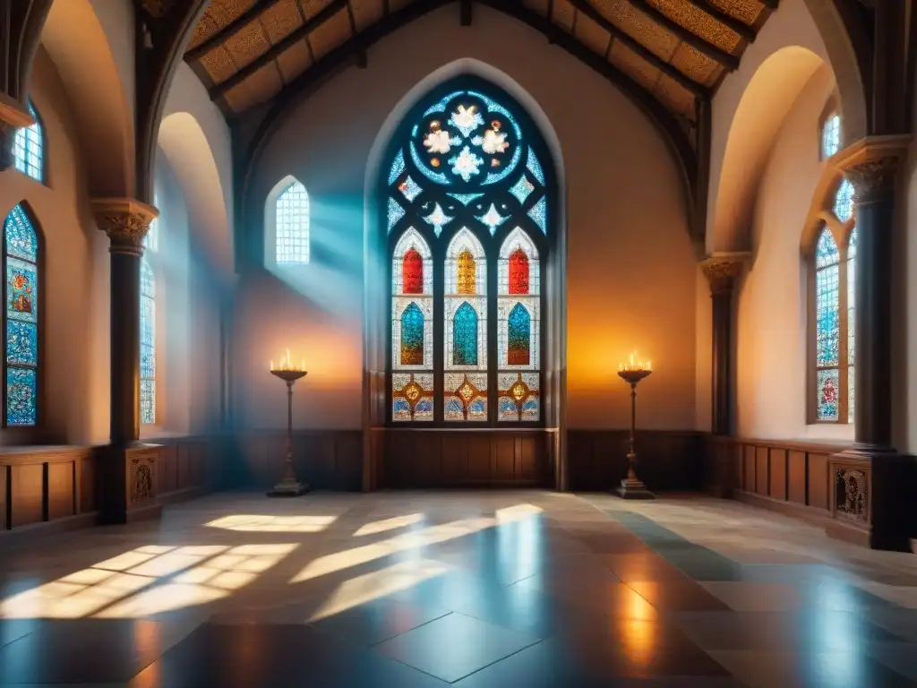 Capilla gótica en castillo: arquitectura sagrada con luz y sombra Un santuario sagrado en un castillo medieval con arquitectura gótica y vitrales religiosos, iluminado por velas