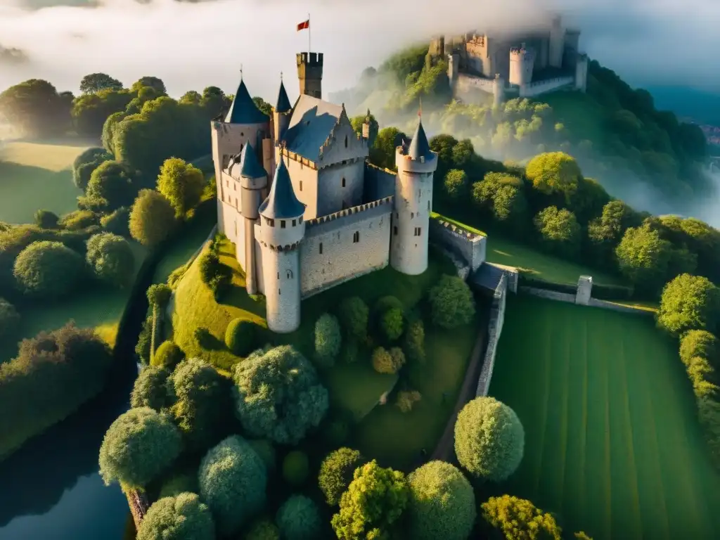 Castillo medieval europeo: vista aérea detallada y misteriosa Explora secretos en las antiguas murallas de un castillo europeo capturados por un dron