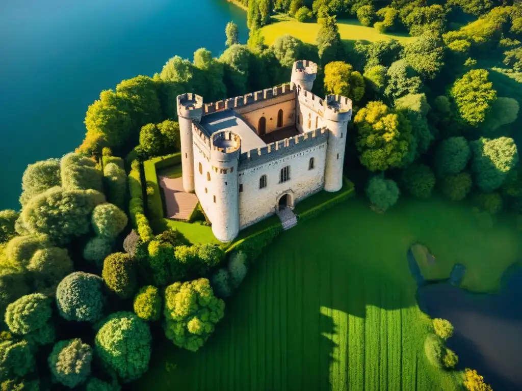 Castillo antiguo desde el aire: majestuosidad y misterio Explora los secretos de un castillo antiguo desde un drone, revelando su grandiosidad entre la exuberante vegetación
