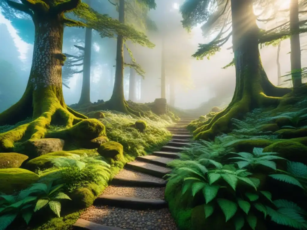 Un sendero serpenteante a través de un bosque denso hacia la entrada de un castillo escondido, rodeado de piedras cubiertas de musgo y árboles antiguos, con la luz del sol filtrándose a través del dosel, creando una atmósfera mística y encantadora