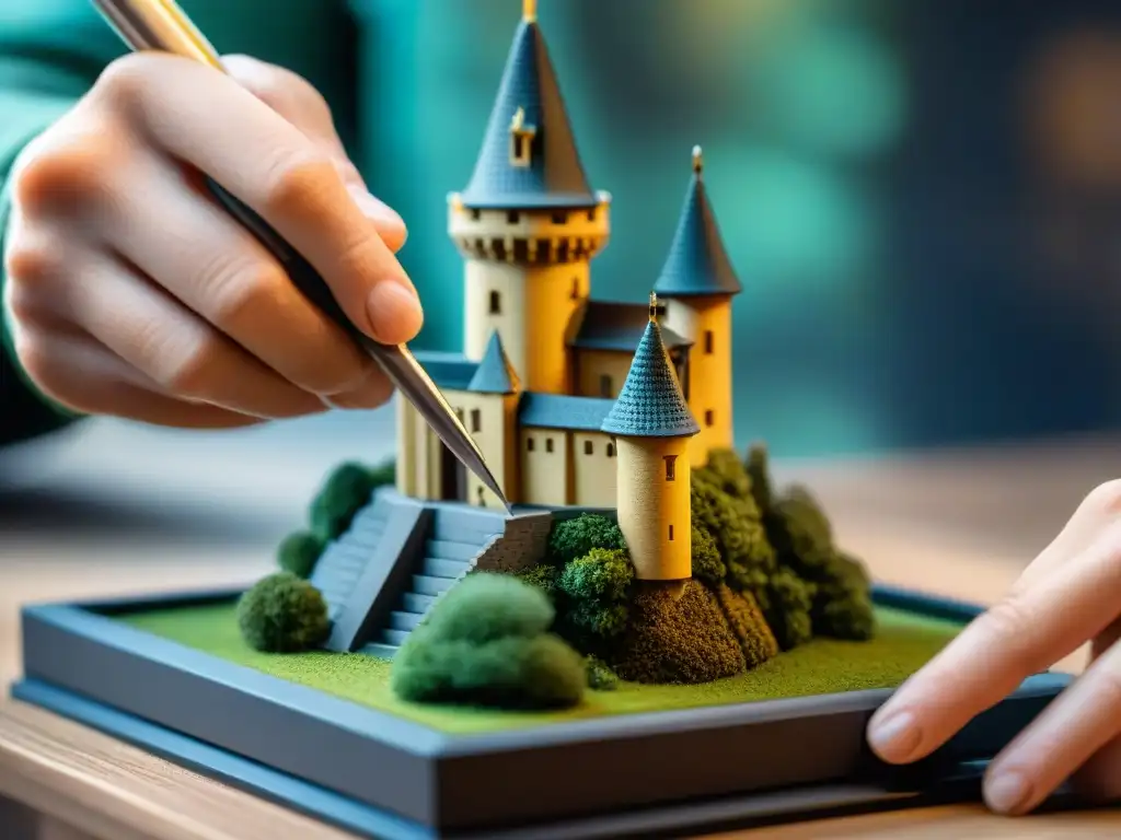 Arte en miniatura: manos expertas esculpen detalles de castillo Sensibles manos construyen castillos en miniatura con meticulosidad y destreza