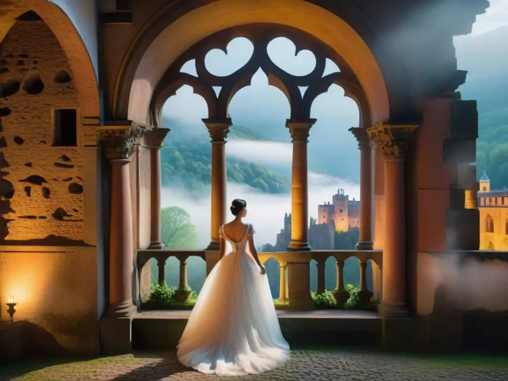 La Dama Blanca: Misterio en Castillo de Heidelberg Silueta del Castillo de Heidelberg iluminado por la luna, con el Espíritu eterno de La Dama Blanca en la ventana