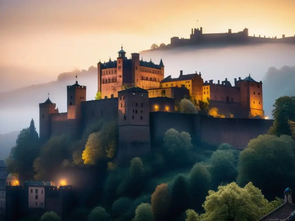 Heidelberg Castle: La Dama Blanca en la noche Silueta del Castillo de Heidelberg bajo la luz de la luna con el Espíritu eterno Castillo Heidelberg envuelto en niebla