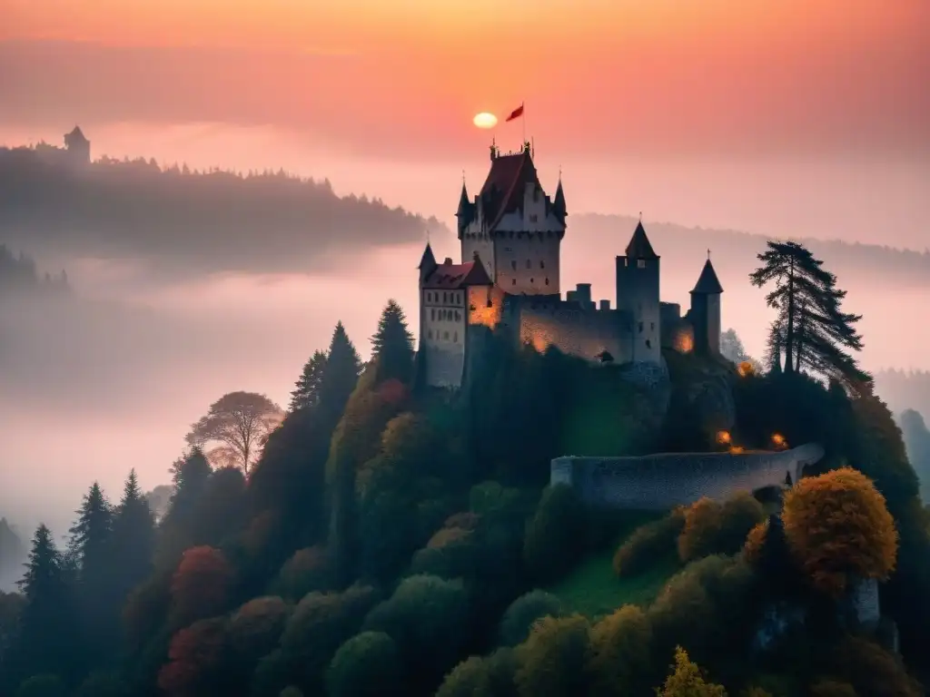 Misterioso Castillo de Falkenstein en atardecer rojizo Silueta misteriosa del Castillo Falkenstein en un atardecer rojo sangre, con niebla densa