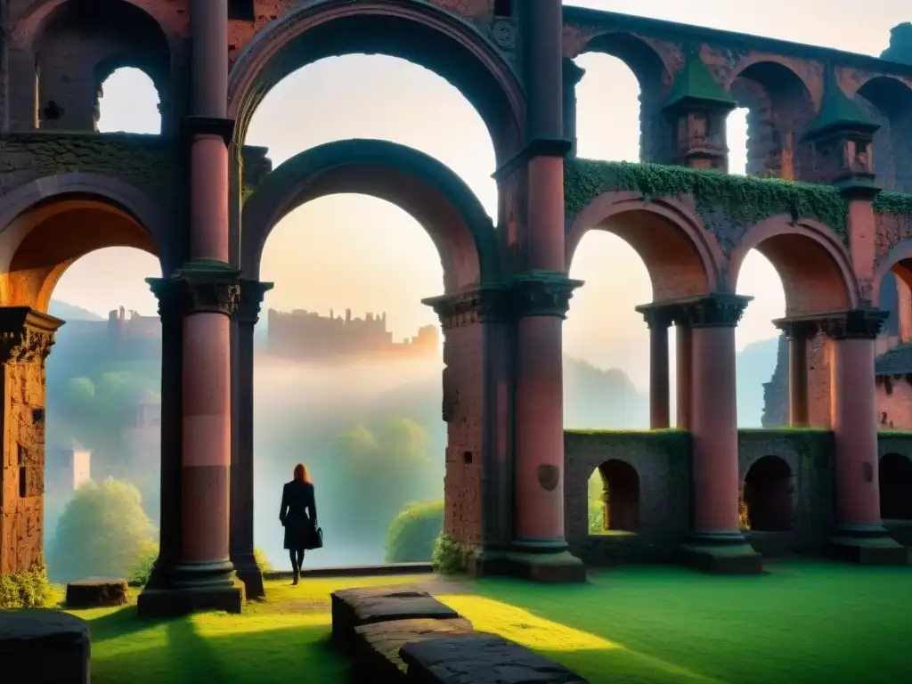 Misteriosa silueta en Ruinas de Castillo de Heidelberg al anochecer Silueta misteriosa en ruinas del Castillo Heidelberg al anochecer, espíritu eterno