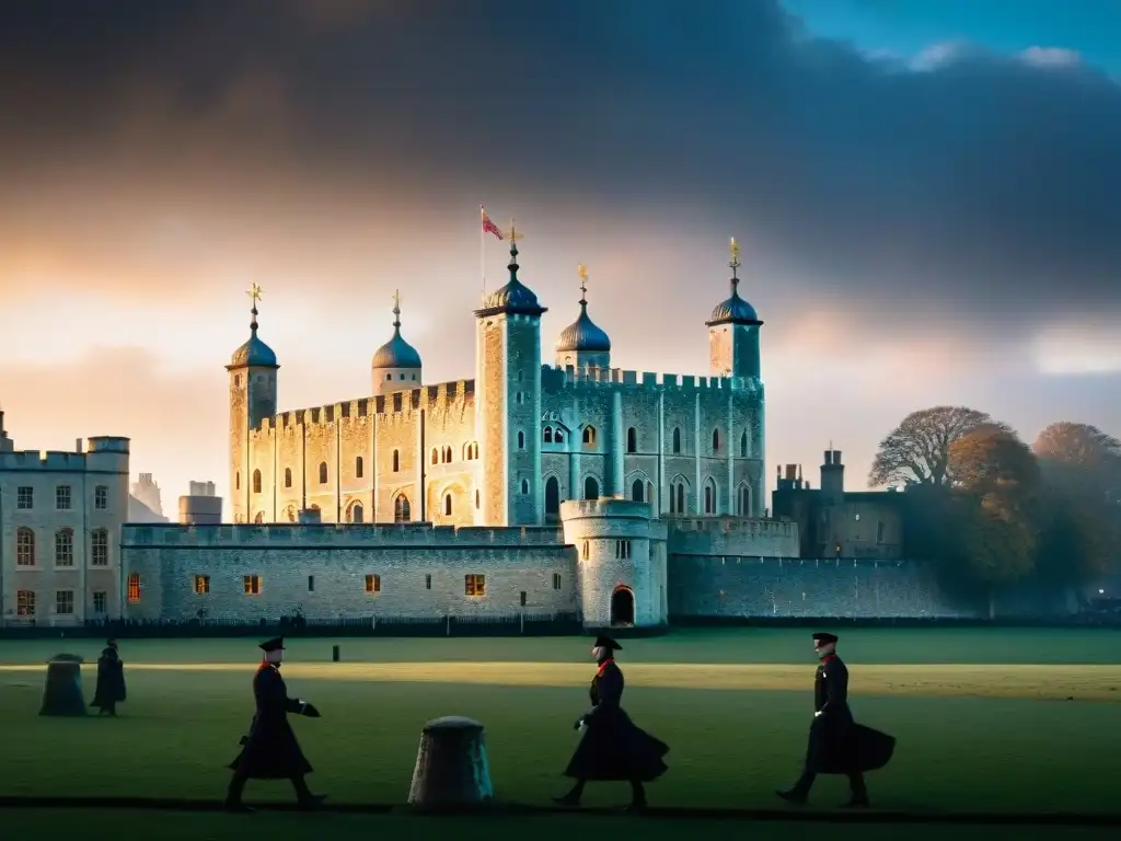 Torre de Londres: espectros en la noche Silueta misteriosa de la Torre de Londres al atardecer, con figuras fantasmales en la niebla