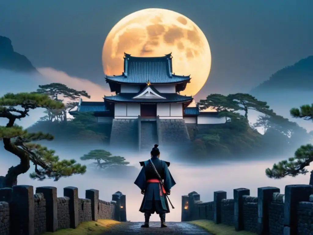 Misterioso castillo japonés con samurái y espíritus vengativos Silueta de samurái en castillo japonés con espíritus vengativos en la noche