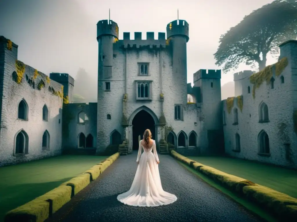 Castillo de Leap en Irlanda: misterio y belleza gótica Siniestra imagen de Leap Castle en Irlanda con una figura fantasmal, mostrando la atmósfera misteriosa