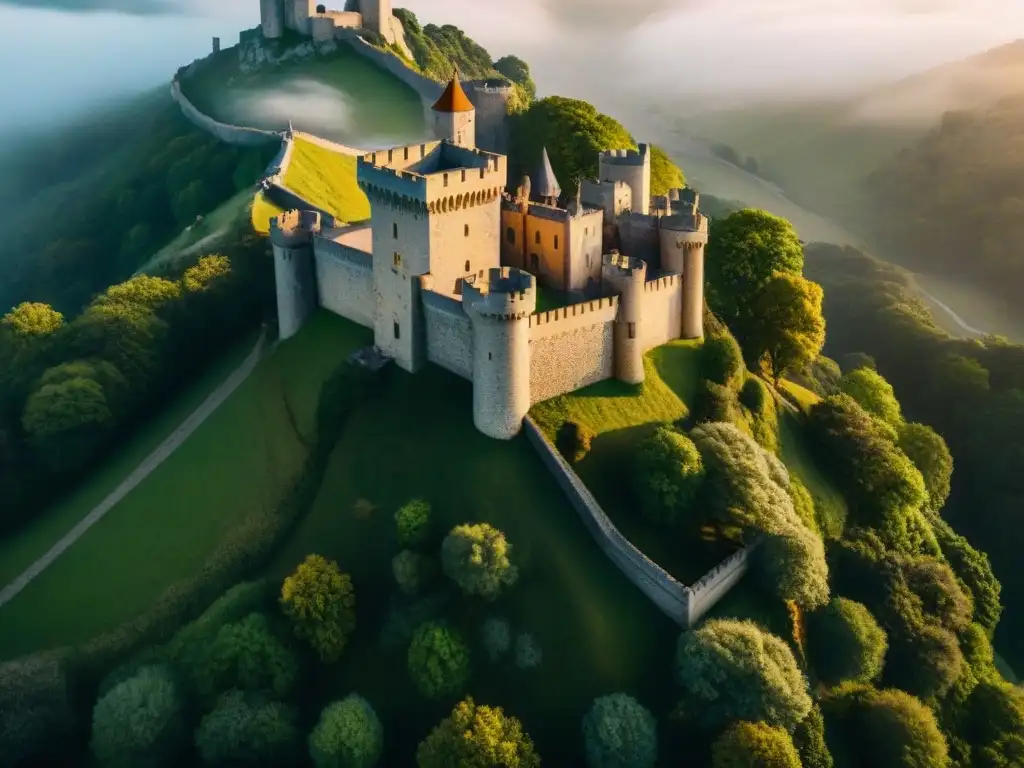 Castillo medieval al atardecer: misterio y belleza El sol se pone sobre el castillo medieval, resaltando sus secretos oscuros en las torres y mazmorras