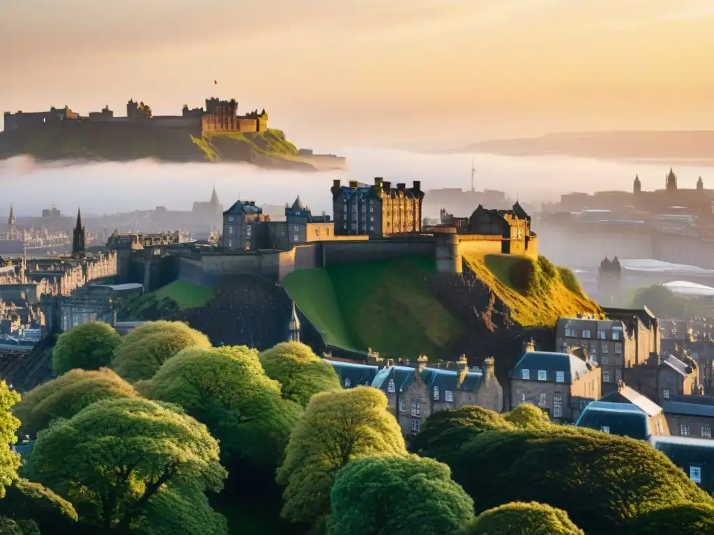 Puesta de sol dorada sobre el Castillo de Edimburgo El sol se pone detrás del Castillo de Edimburgo, iluminando sus antiguas murallas de piedra con un cálido tono dorado