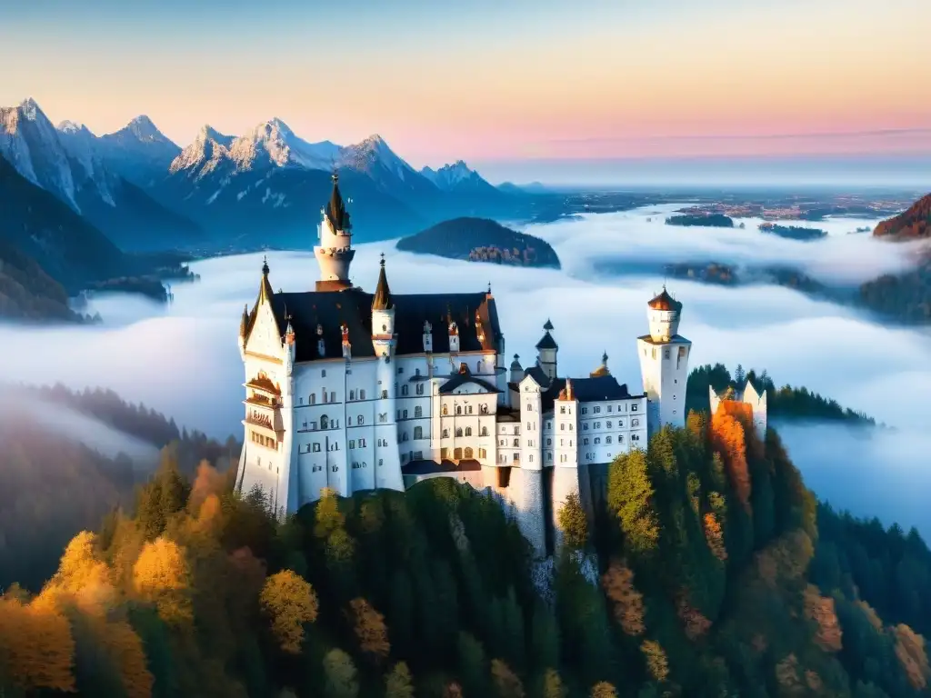 Atardecer dorado en Castillo Neuschwanstein: detallada imagen El sol se pone detrás del majestuoso Castillo Neuschwanstein, iluminando sus misterios arquitectónicos en un ambiente mágico al atardecer
