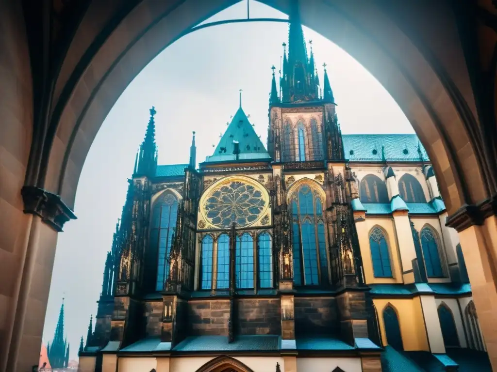 Majestuosa Catedral de San Vito: Detalles góticos en Praga El sol ilumina la majestuosa arquitectura gótica de la Catedral de San Vito en el complejo del Castillo de Praga, resaltando su historia y belleza