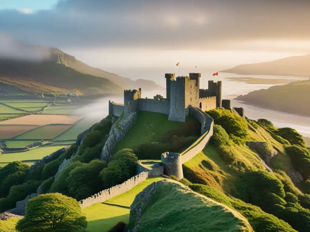 El sol se pone sobre las majestuosas ruinas del Castillo de Harlech en Gales, reflejando su historia y resistencia