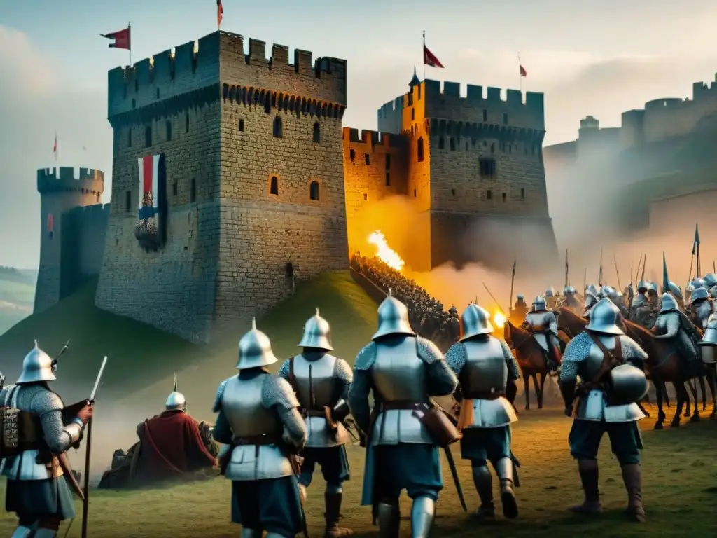 Castillo medieval bajo asedio: espionaje y estrategia en la batalla Soldados en asedio medieval usan comunicación secreta: mensajes codificados, banderas y dispositivos ocultos