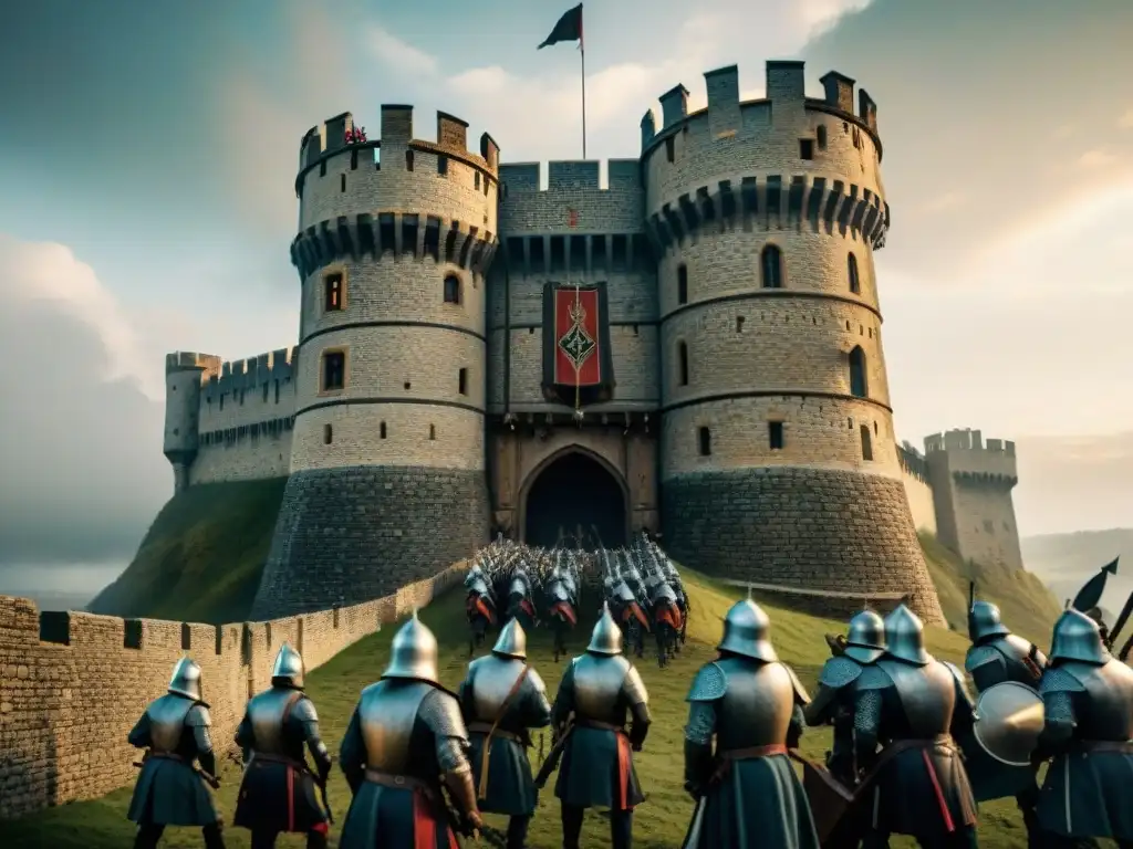 Batalla épica en castillo medieval: defensa contra la peste negra Soldados preparándose para defender un castillo medieval bajo asedio, con estrategias de defensa ante la peste negra