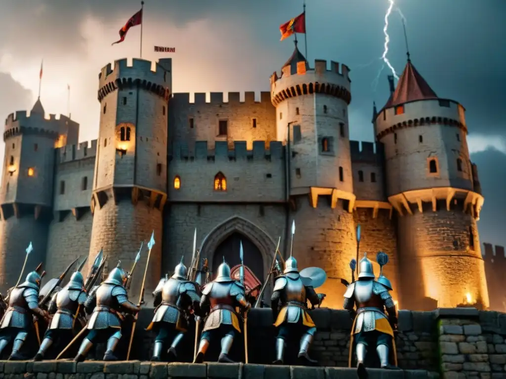 ¡'Asedio épico a un castillo medieval bajo la tormenta'! Soldados escalando castillo medieval bajo asedio legendario, arqueros disparando flechas en cielo tormentoso