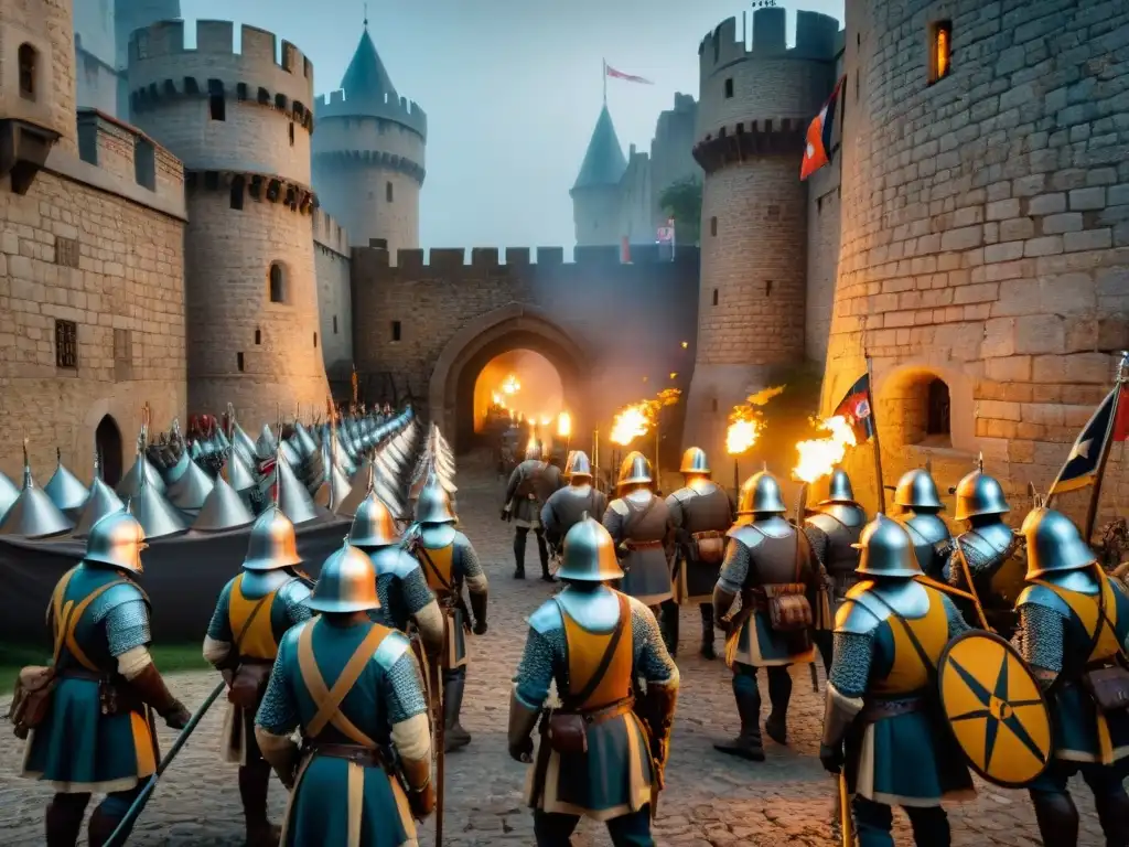 Castillo medieval bajo asedio: señales y túneles secretos Soldados en un castillo medieval bajo asedio usando códigos y señales para comunicarse