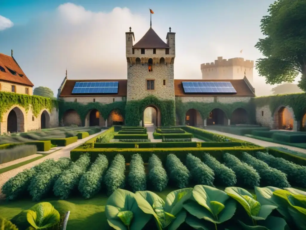 Castillo medieval eco-sostenible: armonía entre historia y modernidad verde Sostenibilidad en castillos medievales: Un castillo antiguo con tecnología moderna y actividades ecoamigables en su patio