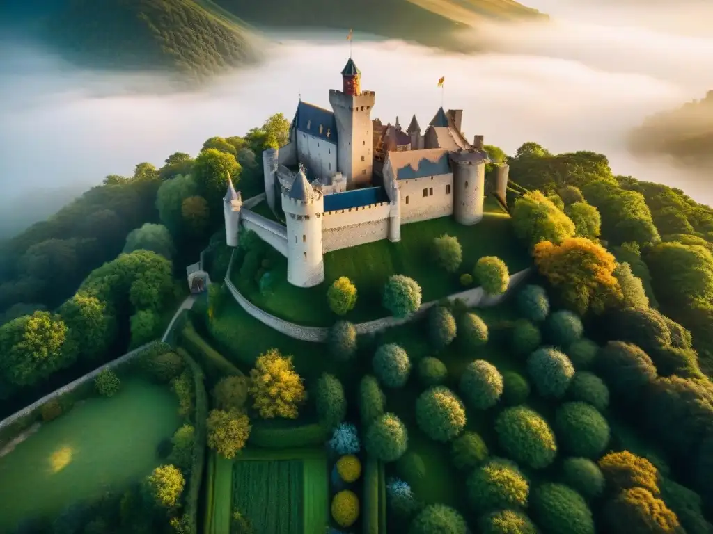 Castillo medieval en armonía con la naturaleza Sostenibilidad en castillos medievales: Castillo rodeado de vegetación, iluminado por el sol dorado, reflejando armonía con la naturaleza