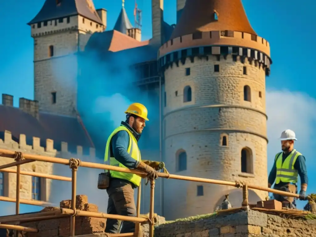 Restauración sostenible de castillo histórico: detalle y tradición Gestión sostenible de castillos históricos: Restauración detallada con materiales sostenibles bajo cielo azul