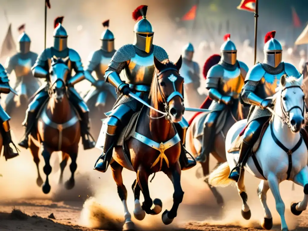 Épica batalla medieval: caballeros en armadura cargan al combate Tácticas de caballería en épica batalla medieval, con armamento y combates intensos