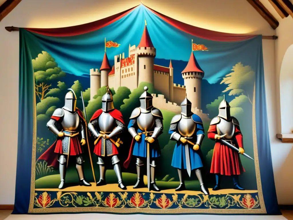 Tapiz medieval: caballeros, castillo y dragón en colores vibrantes Una tapicería medieval colgada en una pared de piedra de un castillo, con tonos medievales y detalle exquisito