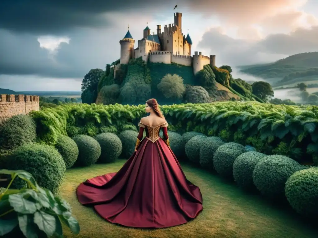 Tapiz medieval: castillo, caballeros y doncellas en tonos burgundy, oro y azul marino Tapiz decorativo con tonos medievales: castillo, caballeros y damas entre exuberante naturaleza y cielo tormentoso