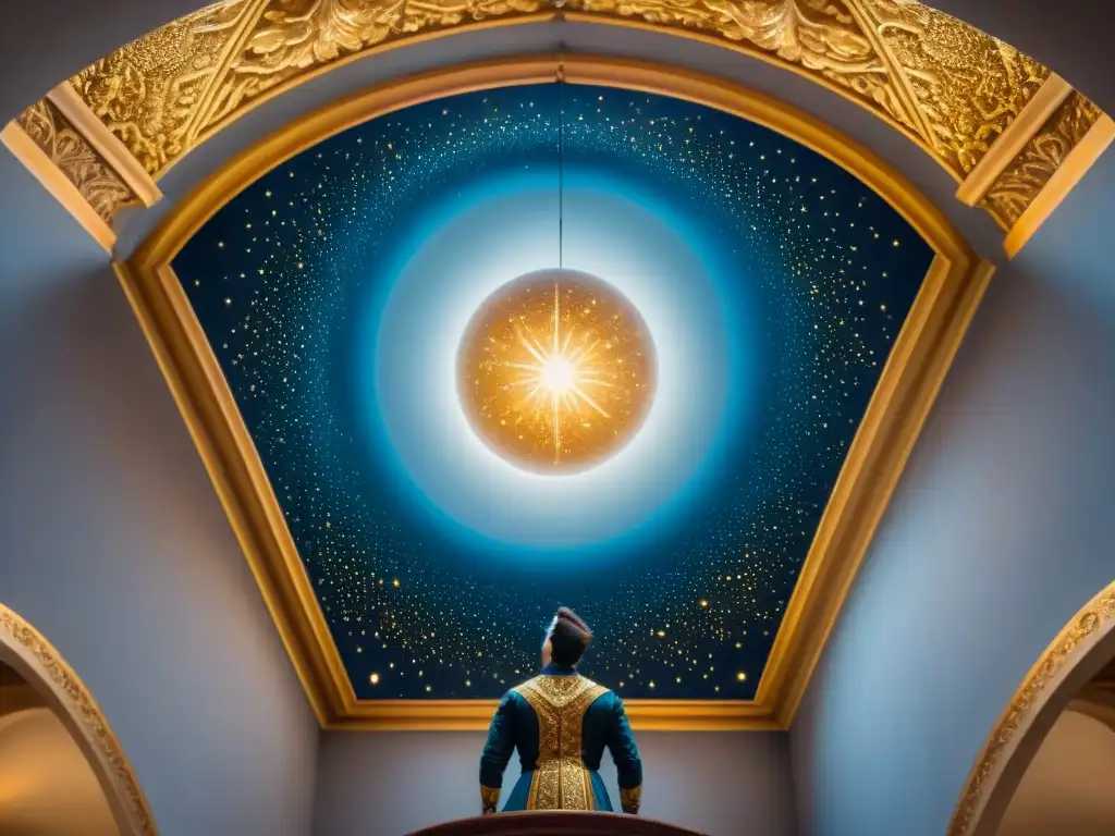 Esplendor celestial: detallada pintura de techo medieval Un techo celestial en castillo medieval muestra detalladas pinturas de oro con estrellas y planetas, ángeles y criaturas míticas en un baile hipnótico