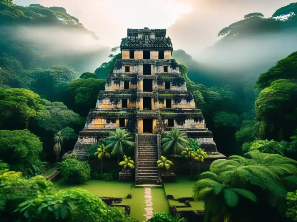 Ruinas mayas: misterio y esplendor en la selva Tesoro oculto: castillos mayas envueltos en vegetación exuberante y misteriosas inscripciones, iluminados por la luz del sol en la selva