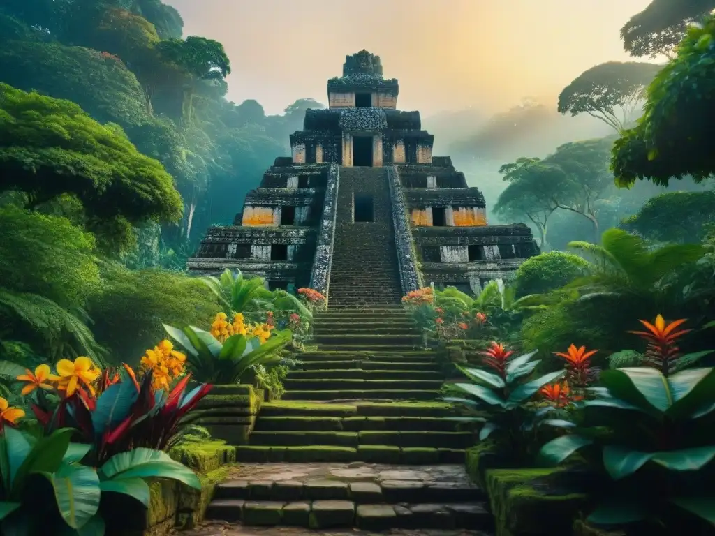 Misteriosa selva maya con ruinas antiguas al atardecer Tesoro oculto: castillos mayas entre la exuberante selva al atardecer, iluminados por la cálida luz dorada