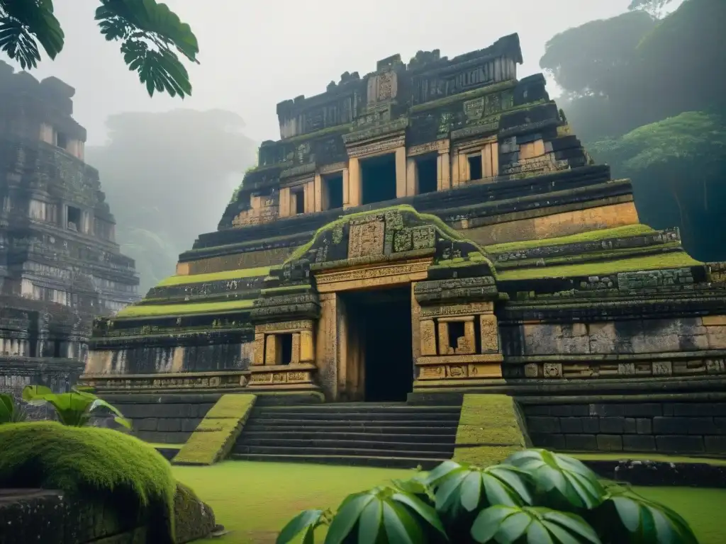 Detalle impresionante de tallados mayas en castillo histórico Tesoro oculto en los castillos mayas: Detalles intrincados de las antiguas esculturas de piedra bajo la luz dorada de la selva