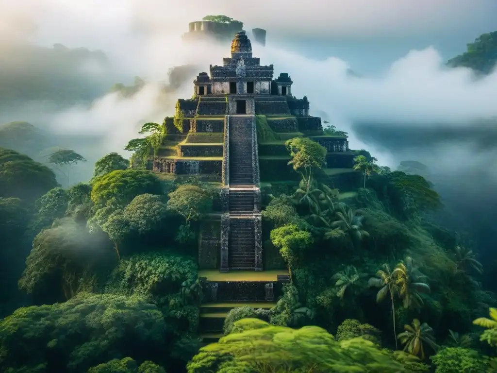 Castillo maya en la niebla: tesoros y misterios en la selva Tesoro oculto en castillos mayas: antigua fortaleza envuelta en misterio, con grabados en piedra y pasadizos secretos en la selva al amanecer
