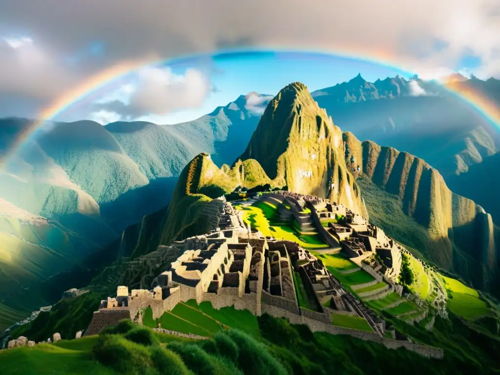 Fortaleza Inca: Misterios en los Andes Tesoro perdido: fortaleza inca en la cordillera andina, rodeada de naturaleza exuberante y neblina, con muros de piedra tallada y arco iris sutil