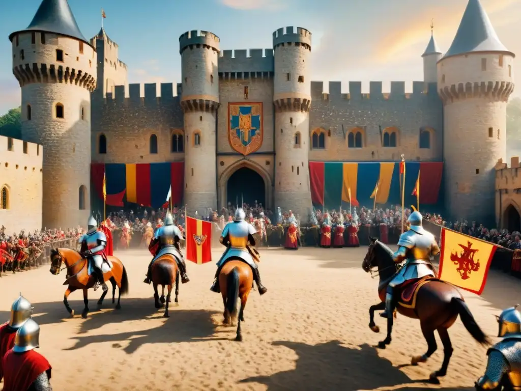 Torneo de justas en el majestuoso castillo medieval Un torneo de caballeros en un majestuoso castillo medieval con arte en castillos joyas escondidas