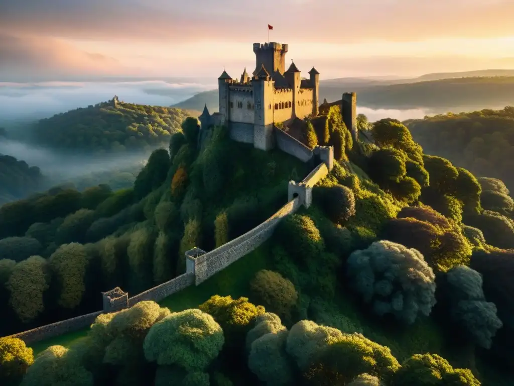 Castillo ancestral: atardecer misterioso entre torres y mazmorras Torres antiguas y mazmorras ocultas en un castillo, iluminadas por un atardecer dramático