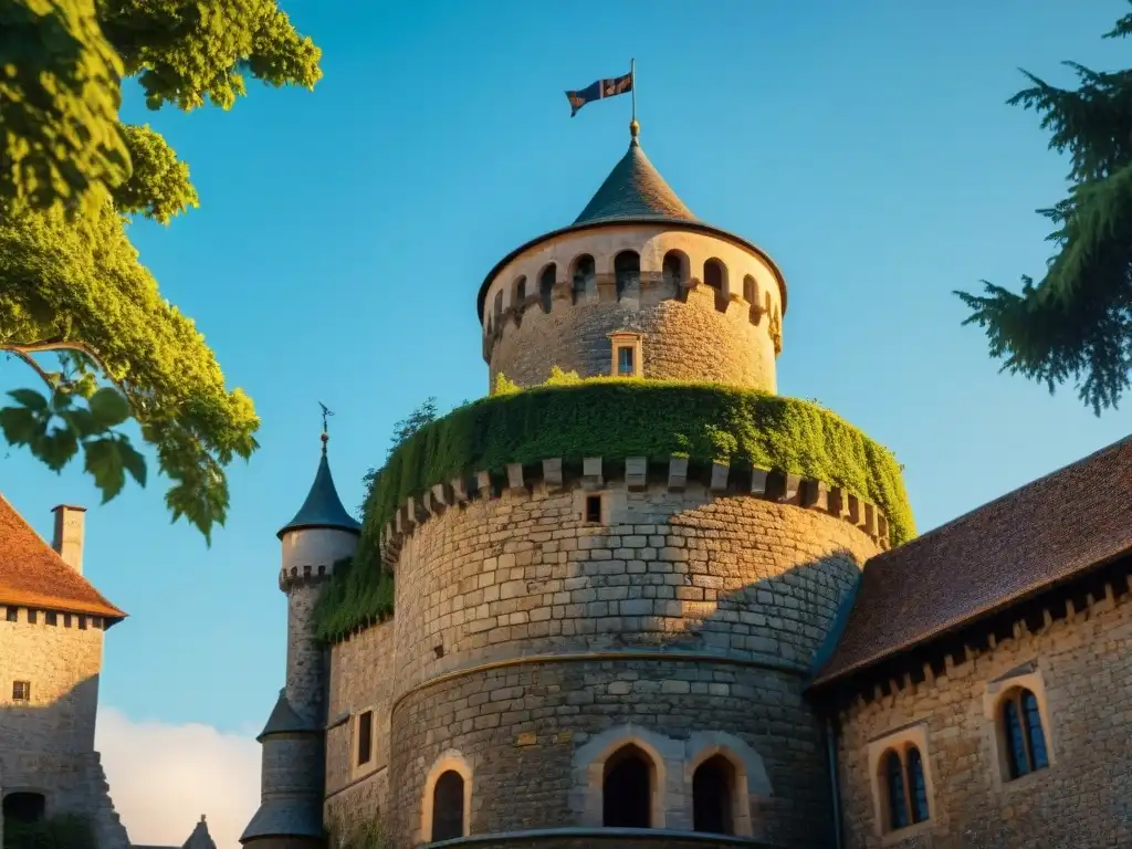 Torre medieval: majestuosidad y misterio en la arquitectura del castillo Una torreta medieval imponente con detallada arquitectura de castillo, bajo cielo azul
