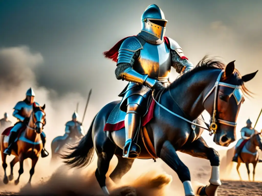 Épica carga de caballería medieval: caballero y corcel en combate Un valiente caballero medieval a caballo cargando contra el enemigo, exhibiendo su armadura y tácticas de batalla