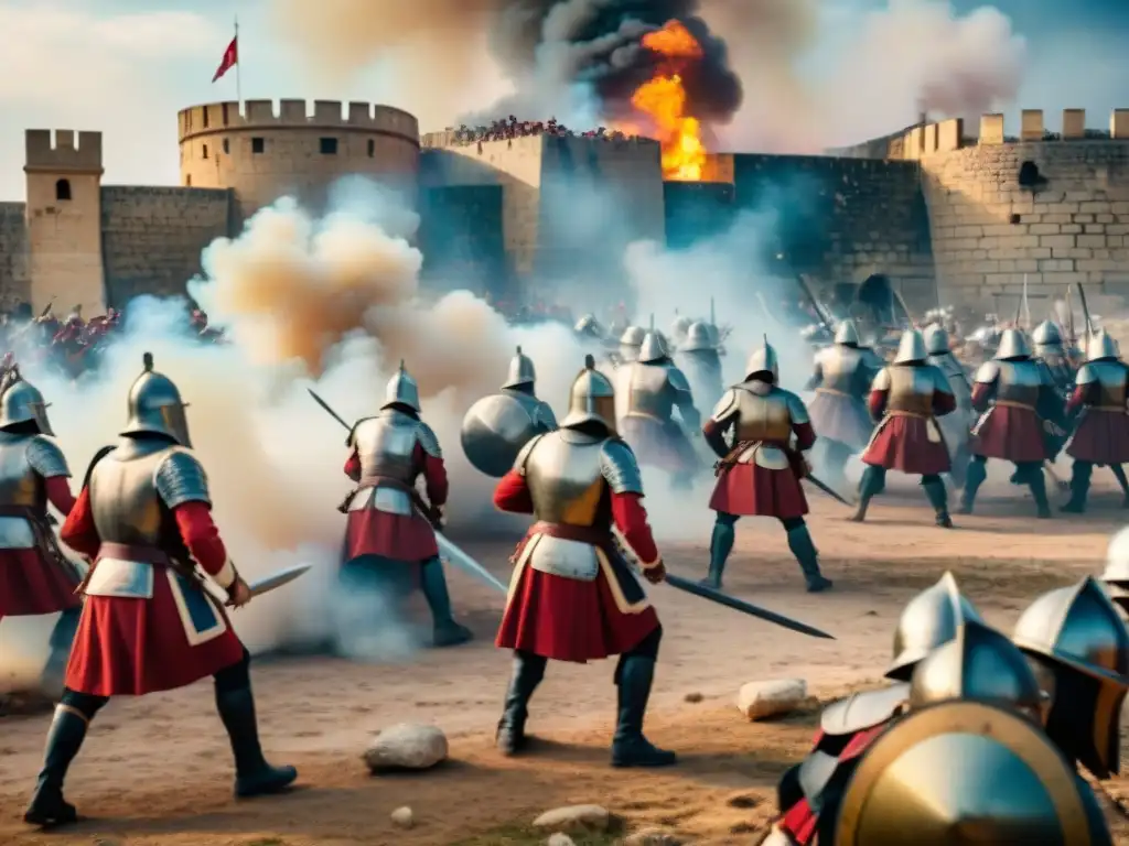 Batalla épica: Caballeros de San Juan defendiendo Malta contra los otomanos Valientes caballeros de Malta enfrentan feroz batalla contra fuerzas otomanas durante el Asedio de Malta