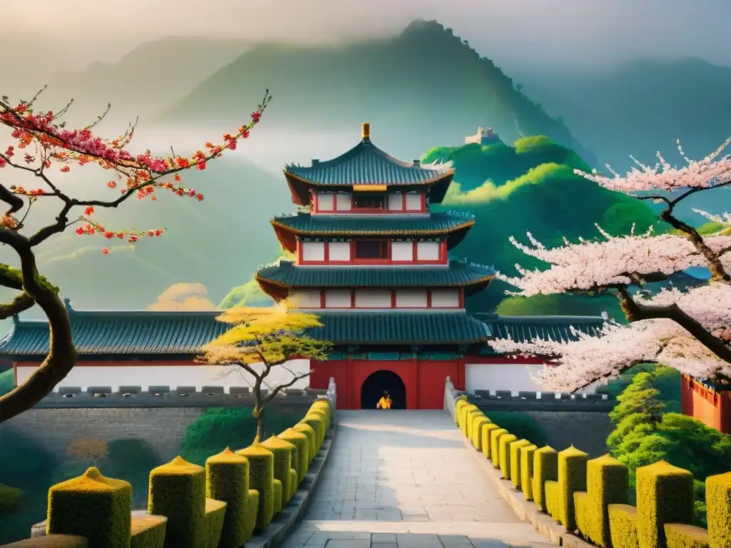 Castillo chino en la montaña: belleza y misticismo en flor Vibrante castillo chino en la niebla, rodeado de cerezos en flor y dragones esculpidos