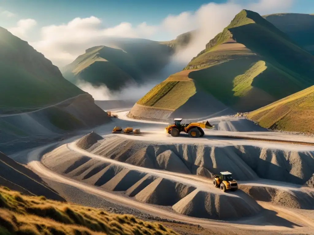 Extracción de piedra en la montaña: escena épica de trabajo y naturaleza Vibrante escena de extracción de piedra en una cantera de montaña