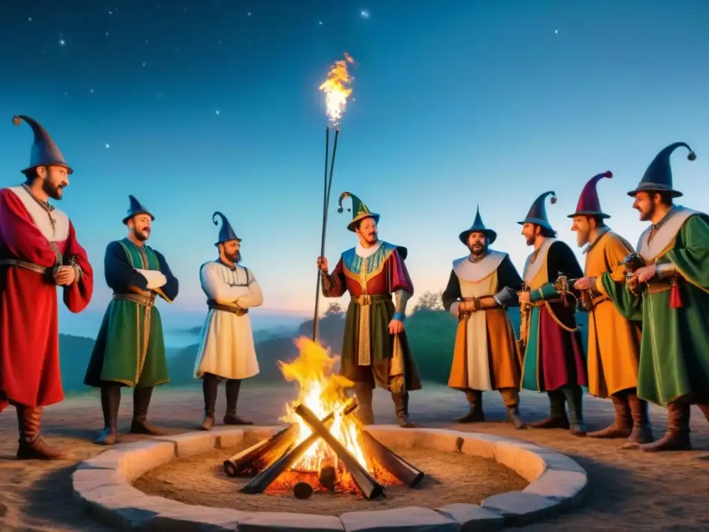 Juglares medievales encantan al bosque místico Vibrante escena de entretenimiento medieval: juglares y cuentacuentos junto a una fogata en el bosque oscuro