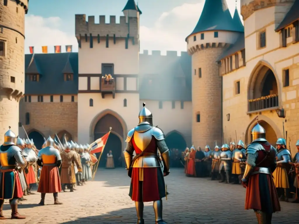 Vida medieval en un castillo: detallada imagen de actividad y majestuosidad Vibrante escena medieval en un castillo: caballeros, bufones, campesinos y un halcón