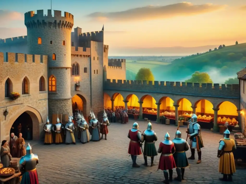 Juego medieval: torneos, mercados y música en un castillo impresionante Un vibrante escenario medieval con caballeros, doncellas, músicos y aldeanos en un torneo y mercado
