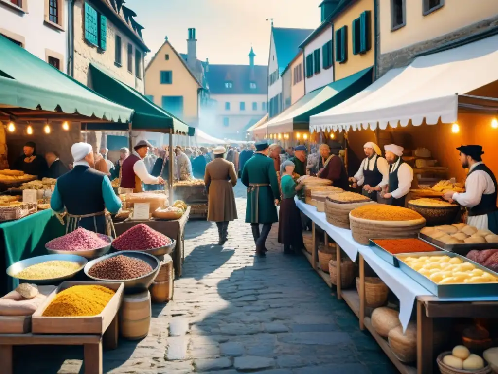 Vibrante mercado medieval en una feria gastronómica con recetas medievales y ambiente histórico
