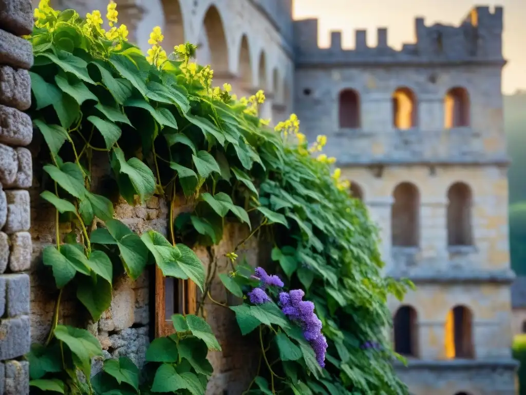 Vid verde con flores moradas en castillo abandonado, naturaleza reconquista