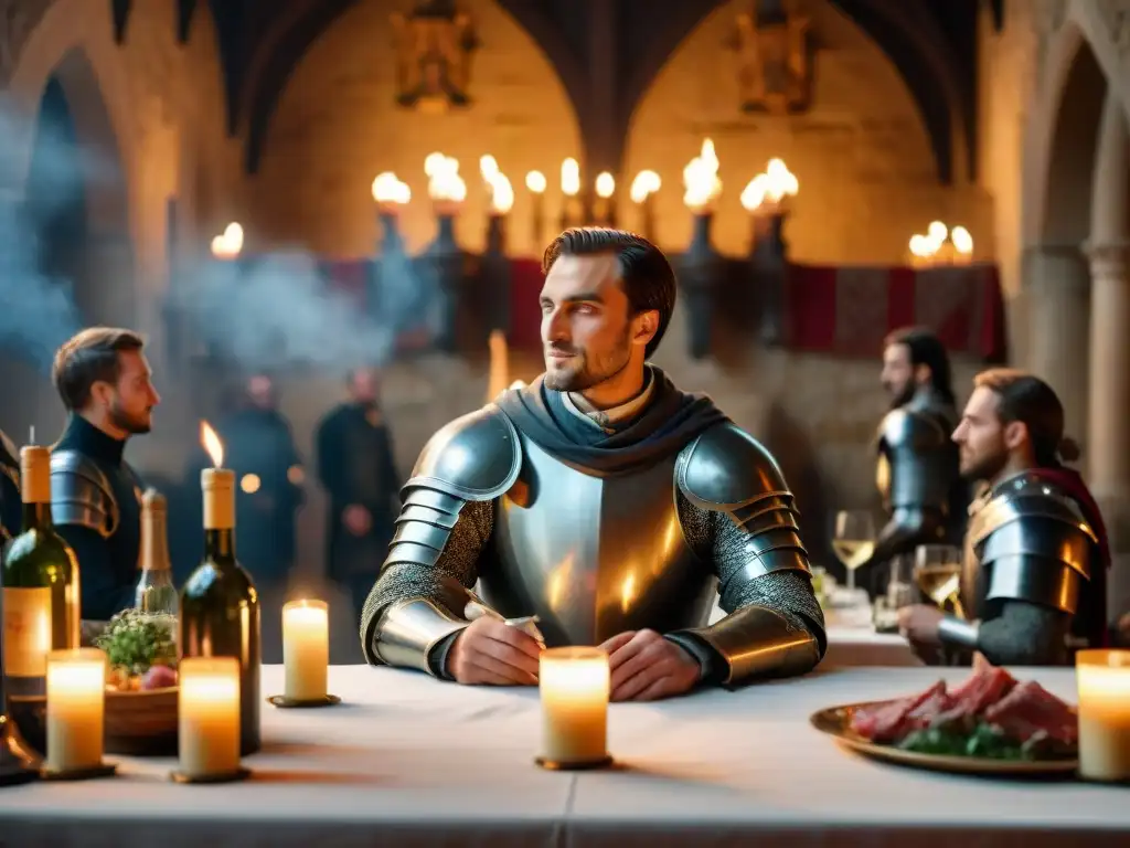 Banquete medieval: Caballeros en armadura y opulencia Vida de caballero en el castillo: armaduras relucientes, banquete opulento y camaradería en un ambiente medieval