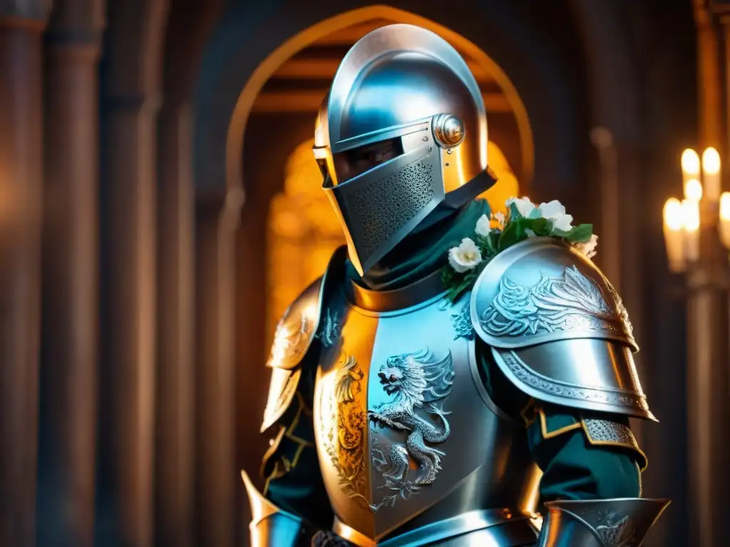 Armadura medieval: detalles legendarios con reflejos de antorchas Vida de caballero en un castillo: armaduras legendarias con detalles de dragones y leones, iluminadas por antorchas en cámara medieval