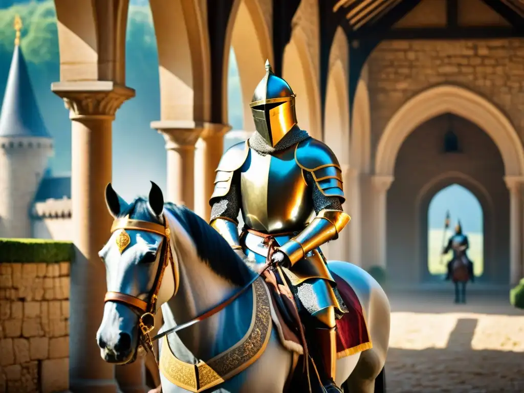 Caballero medieval en armadura, cabalgando en un castillo Vida de caballero en un castillo: armaduras relucientes, nobleza y grandiosidad medieval