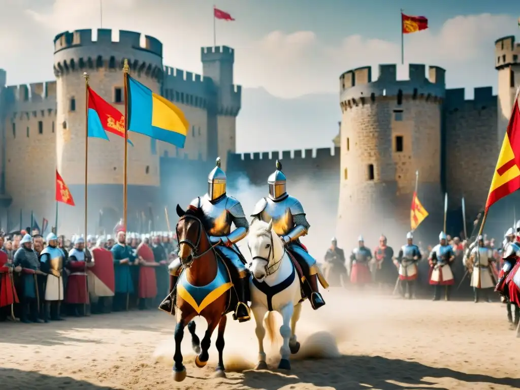 Juego de justas en el castillo medieval Vida de caballeros en un torneo de justas en el castillo: armaduras relucientes, caballos majestuosos y un público expectante